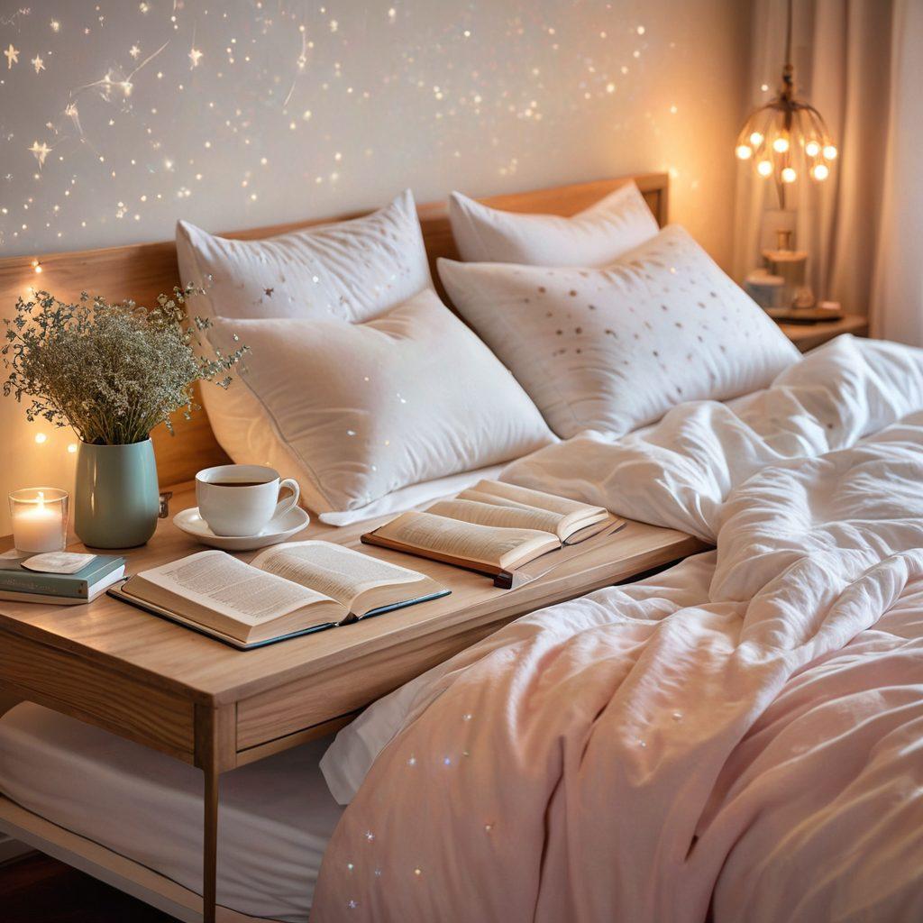 A serene bedroom with soft, ambient lighting and a comfortable bed adorned with fluffy pillows and calming colors. A peaceful person sleeping, surrounded by gentle dreamlike elements like clouds and stars, symbolizing restful sleep. Nearby, a bedside table with a mindfulness book and herbal tea, promoting recovery from sleep disorders. The overall atmosphere exudes tranquility and comfort. super-realistic. pastel colors. warm lighting.