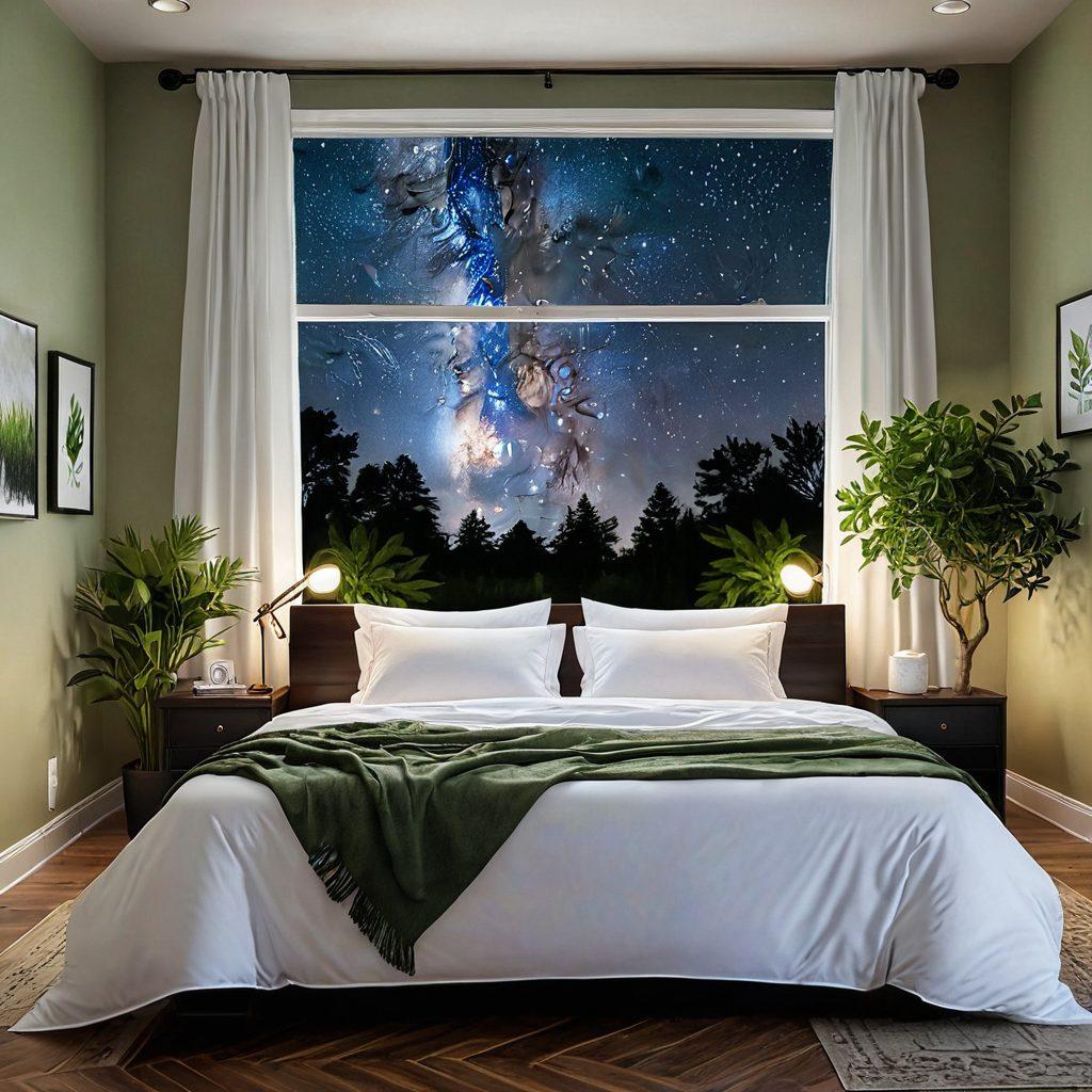 An inviting bedroom scene featuring a peaceful person asleep using a sleek CPAP machine, soft night lights casting a warm glow, cozy bedding, and calming wall colors. Incorporate elements of health and tranquility like plants and subtle decorative pillows, symbolizing quality sleep. A gentle starry night visible through a window, enhancing the serene ambiance. super-realistic. soothing colors. cozy atmosphere.