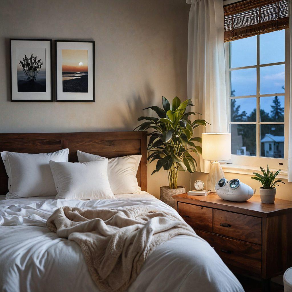 A serene bedroom scene with a cozy bed adorned with plush pillows and a soft blanket, a CPAP machine softly glowing beside it to symbolize restful sleep. Moonlight filters through a window, illuminating the space, creating a calming atmosphere. Include peaceful elements like a sleep mask and a small houseplant to enhance tranquility. super-realistic. warm colors. peaceful ambiance.
